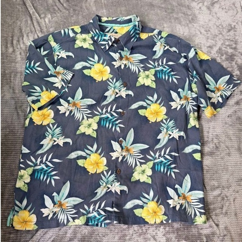 Tommy Bahama Mens XL Silk Camp Shirt Blue Tropical‎ Hibiscus Floral Original Fit